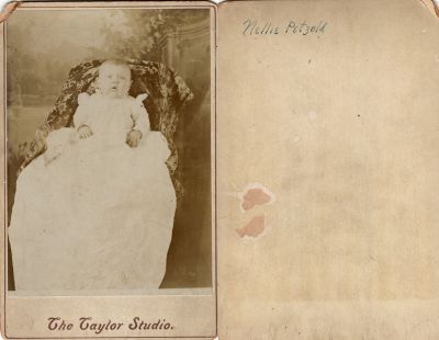 Click to view full size image
==============
Nellie Petzold
This Cabinet Card Photo States: "Nellie Petzold"
The Photographers name is "The Taylor Studio"
Nellie Petzold
This Cabinet Card Photo States: "Nellie Petzold"
The Photographers name is "The Taylor Studio"