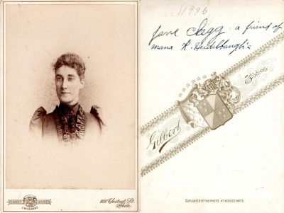 Jane Clegg

This Cabinet Card Photo States: "Jane Clegg, a friend if Mana R. Heidelbaugh's"

The Photographers name is "Gilbert Studio", Philadelphia, Pennsylvania

