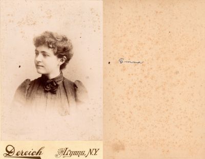 Click to view full size image
==============
Emma
This Cabinet Card Photo States: "Emma"
The Photographers name is "Dereich", Lyons, New York.
Emma
This Cabinet Card Photo States: "Emma"
The Photographers name is "Dereich", Lyons, New York.