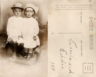 Click to view full size image
==============
Luceila & Eddie, 1911
This was Donated by Maggie Spiry Jones.
This Real Photo Postcard (RPPC) States: "Luceila & Eddie, 1911"
The Photographers names are Post Card Shop, No 7 Sixth Street, Minneapolis, Minnesota OR Penny Arcade, 110 W. Superior Str., Minneapolis, Minnesota.
Luceila & Eddie, 1911
This was Donated by Maggie Spiry Jones.
This Real Photo Postcard (RPPC) States: "Luceila & Eddie, 1911"
The Photographers names are Post Card Shop, No 7 Sixth Street, Minneapolis, Minnesota OR Penny Arcade, 110 W. Superior Str., Minneapolis, Minnesota.
