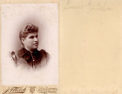 Gussie M. Jackson

This Cabinet Card Photo States: "Gussie M. Jackson"

The Photographers name is "J. F. Welch", Youngstown, Ohio
