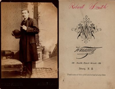 Click to view full size image
==============
Robert Smith
This Cabinet Card Photo States: "Robert Smith"
The Photographers name is "A. F. Waldbillig" Albany, New York
Robert Smith
This Cabinet Card Photo States: "Robert Smith"
The Photographers name is "A. F. Waldbillig" Albany, New York