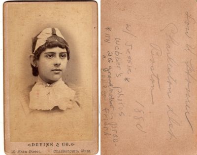 Click to view full size image
==============
Lou V. Homer
This was Donated by Linda Zinn.
This CdV Photograph States: "Lou V. Homer, Charleston District, Boston. 1880. W/Jessie Webber's photos *my 2nd G Grandmother-prob. College Friend."
The Photographers name is "Devin & Co.", Charlestown, Massachusetts.
Lou V. Homer
This was Donated by Linda Zinn.
This CdV Photograph States: "Lou V. Homer, Charleston District, Boston. 1880. W/Jessie Webber's photos *my 2nd G Grandmother-prob. College Friend."
The Photographers name is "Devin & Co.", Charlestown, Massachusetts.