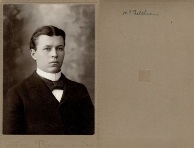 McCutcheon

This was Donated by Cheryl Webber/ The Terry Girls Genealogy.

This Cabinet Card Photo States: "McCutcheon"

The Photographers name is "Thomas", Jackson, Michigan
