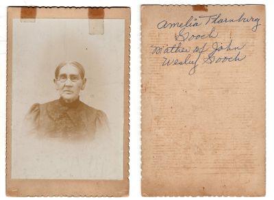 
This was Donated by Cheryl Webber/ The Terry Girls Genealogy.

This Cabinet Card Photo States: "Amelia Thornburg Gooch, Mother of John Wesley Gooch"
