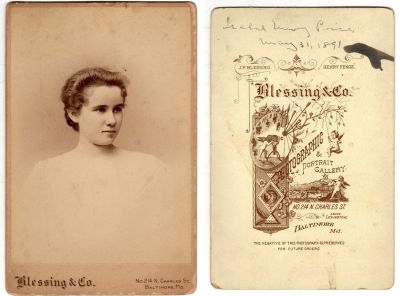 Isabel Emory Price

This was Donated by Cheryl Webber/ The Terry Girls Genealogy.

This Cabinet Card Photo States: "Isabel Emory Price, 31 May 1891"

The Photographers name is "Blessing & Co. Photographic & Portrait Company", Baltimore, Maryland
