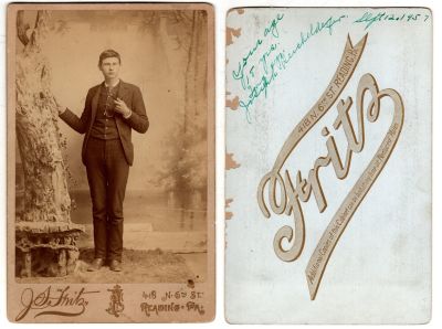 Joseph Reichelderfer

This was Donated by Cheryl Webber/ The Terry Girls Genealogy.

This Cabinet Card Photo States: "Your age 15 yrs., long ago, Joseph Reichelderfer"

The date of 12 September 1957 is in upper right corner.

The Photographers name is "Frits", Reading, Pennsylvania
