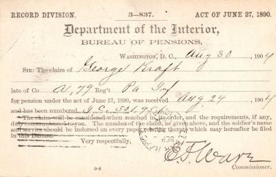 Click to view full size image
==============
George A. Kraft
This was Donated by Mary Muhlford
Civil War Document for George Kraft
George A. Kraft
This was Donated by Mary Muhlford
Civil War Document for George Kraft