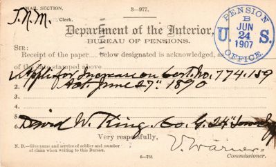 Click to view full size image
==============
David W. King
This was Donated by Mary Muhlfeld
David W. King
Civil War Document
David W. King
This was Donated by Mary Muhlfeld
David W. King
Civil War Document