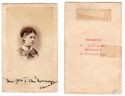 Julia Bright Everett Van Norman

This was Donated by Cheryl Webber/ The Terry Girls Genealogy.

This CdV Photograph states: "Mrs. Geo. T. VanNorman, Canada"

The Photographers name is "J. Egan", Nos. 77 & 78, Dundas-St., London. Established 1851
