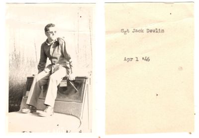 Sgt. Jack Devlin

This was Donated by Cheryl Webber/ The Terry Girls Genealogy.

This Photo States: "Sgt. Jack Devlin, 1 April 1946"
