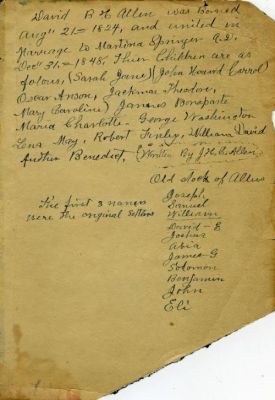Click to view full size image
==============
David R. H. Allen
THESE NOTES WERE SHARED BY A ANONOYMOUS MEMBER.
Notes Taken from the Allen Family Bible.
David R. H. Allen
THESE NOTES WERE SHARED BY A ANONOYMOUS MEMBER.
Notes Taken from the Allen Family Bible.