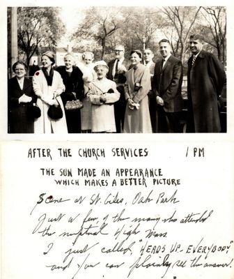 John Paul Zvetina Wedding

This was Donated by Sue Poole

This Photo States: "After The Church Services, 1PM, The Sun Made An Appearance Which Makes A Better Picture. Scene at St. Giles, Oak Park. Just a few of the many who attended the nuptial high mass. I just called "Heads Up---Everybody" and ____can plainly see the answer"
