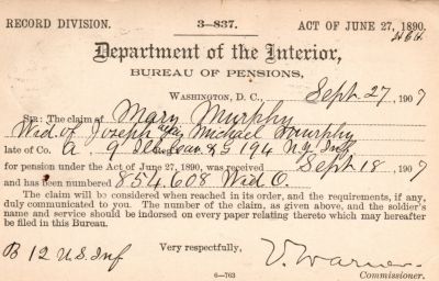 Click to view full size image
==============
Joseph Murphy
This was Donated by Mary Muhlfeld
Civil War Document for Joseph Murphy
Joseph Murphy
This was Donated by Mary Muhlfeld
Civil War Document for Joseph Murphy