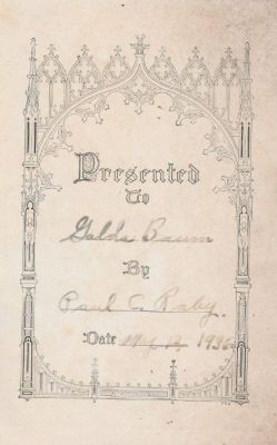 Click to view full size image
==============
Golda Baum Bible
THIS HAS BEEN RETURNED TO FAMILY
Inside Cover of Bible for Golda Baum.
Golda Baum Bible
THIS HAS BEEN RETURNED TO FAMILY
Inside Cover of Bible for Golda Baum.