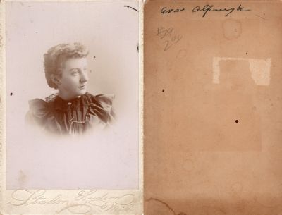 Click to view full size image
==============
Eva Alpaugh
This was Donated.
This Cabinet Card Photo States: "Eva Alpaugh"
The Photographers name is "Stadon", Hudson, Michigan
Eva Alpaugh
This was Donated.
This Cabinet Card Photo States: "Eva Alpaugh"
The Photographers name is "Stadon", Hudson, Michigan
