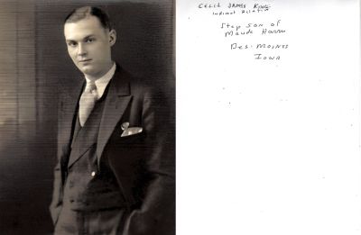 Click to view full size image
==============
Cecil James King
This was Donated by Elaine Swan
This Photo States: "Cecil James King, indirect relative, Step Son of Maude Harris, Des Moines, Iowa"
NOTE: Cecil was Maude (Hardenbrook) Harris' son-in-law...not step-son as indicated on the photo.
Cecil James King
This was Donated by Elaine Swan
This Photo States: "Cecil James King, indirect relative, Step Son of Maude Harris, Des Moines, Iowa"
NOTE: Cecil was Maude (Hardenbrook) Harris' son-in-law...not step-son as indicated on the photo.
