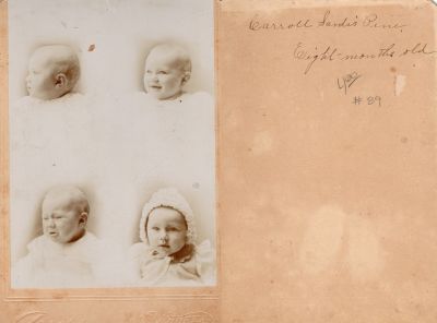 Carroll Sardis Pine

This was Donated by Cheryl Webber/The Terry Girls Genealogy.

This Cabinet Card Photo States: "Carroll Sardis Pine, eight-months old"

The Photographers name is "Ayers", Eureka, California
