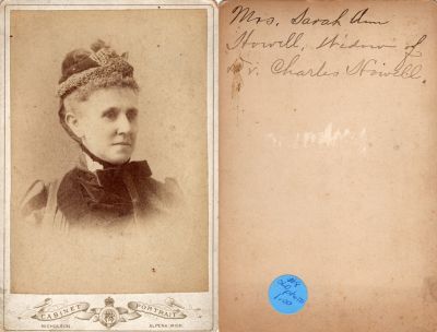 Sarah Ann Bird Howell

This was Donated by Cheryl Webber/The Terry Girls Genealogy.

This Cabinet Card Photo States: "Mrs. Sarah Ann Howell, Widow of Dr. Charles Howell"

The Photographers name is "Nicholson", Alpena, Michigan

