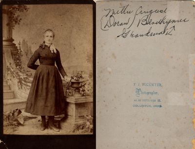 Nettie August Doran Bevelhymer

This was Donated by Cheryl Webber/The Terry Girls Genealogy.

This Cabinet Card Photo States: "Nettie August Doran Bevelhymer, Grandma"

The Photographers name is "Buckmyer", Columbus, Ohio.
