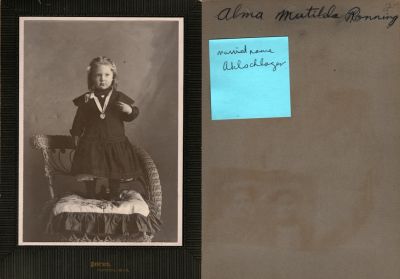 Click to view full size image
==============
Alma Mathilda Ronning
This was Donated by Cheryl Webber/The Terry Girls Genealogy.
This photo mounted on board states: "Alma Matilda Ronning. Married name Ahlschlager"
The Photographers name is "Peterson", Ruthton, Minnesota.
Alma Mathilda Ronning
This was Donated by Cheryl Webber/The Terry Girls Genealogy.
This photo mounted on board states: "Alma Matilda Ronning. Married name Ahlschlager"
The Photographers name is "Peterson", Ruthton, Minnesota.