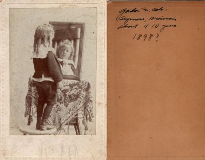 Gordon Manley Cole

This was Donated by Cheryl Webber/The Terry Girls Genealogy.

This photo mounted on board states: "Gordon M. Cole, Seymour, Wisconsin. About 4(?) years. 1898?"

